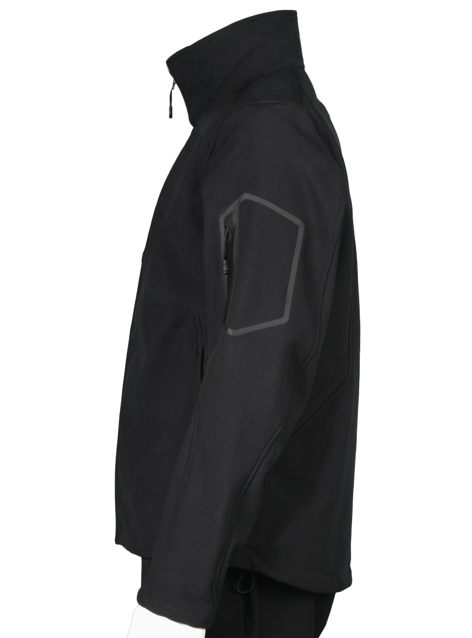 A side view of the mens' black jacket with a pocket on the sleeve.