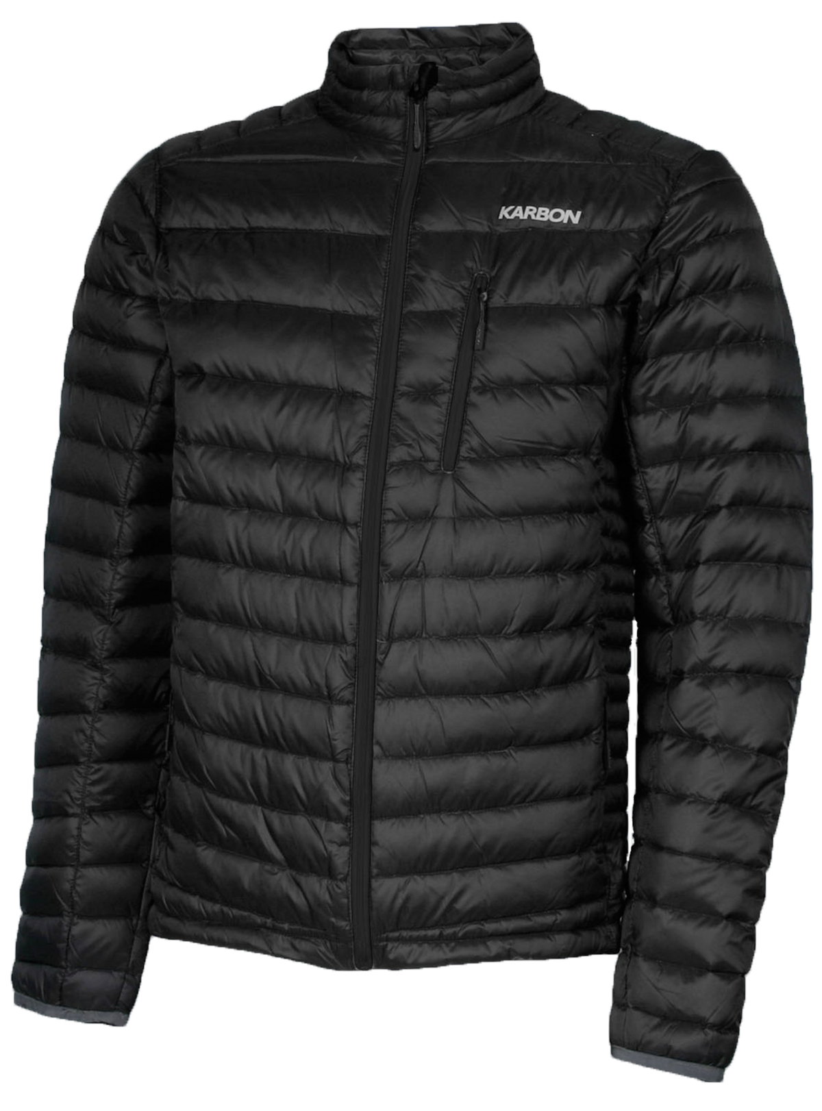 A men's black puffer featuring a front zip closure and two side zip pockets.