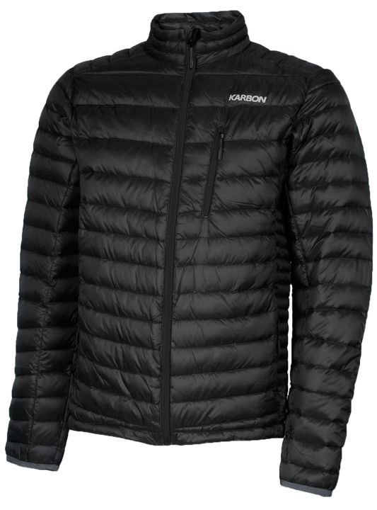 A men's black puffer featuring a front zip closure and two side zip pockets.
