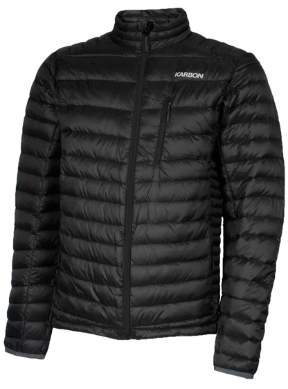 A men's black puffer featuring a front zip closure and two side zip pockets.