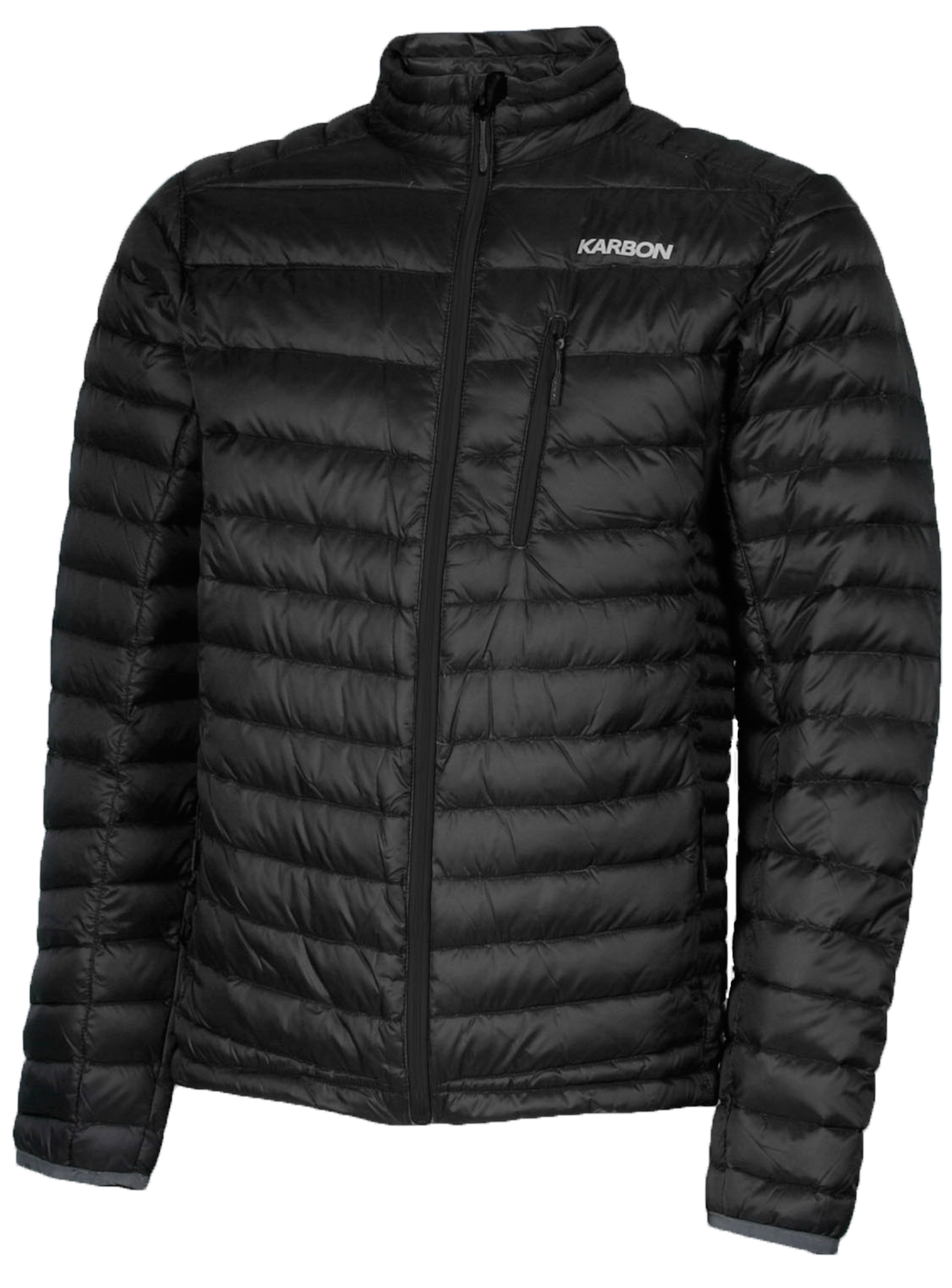 A men's black puffer featuring a front zip closure and two side zip pockets.