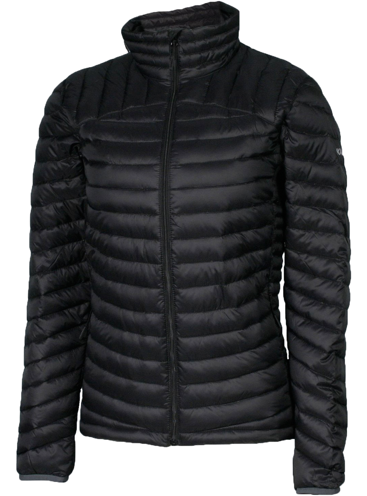 A women's black puffer featuring a front zip closure and two side zip pockets.