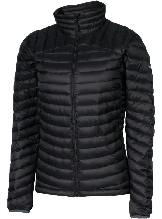 A women's black puffer featuring a front zip closure and two side zip pockets.