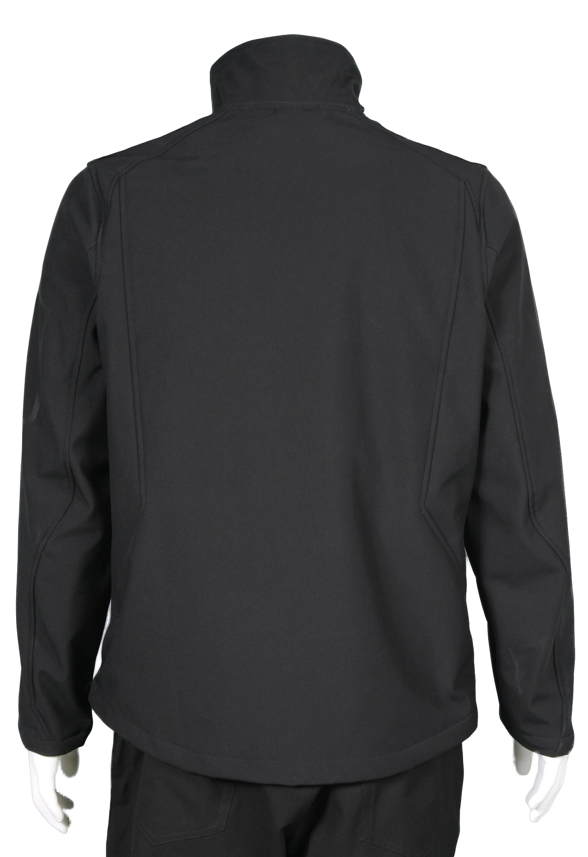 A back view of a professional aviator jacket and badge set, predominantly black in color, displayed on a mannequin. The jacket features a high collar, zippered hand pockets, and reflective trim.