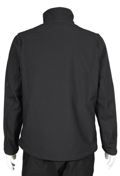 A back view of a professional aviator jacket and badge set, predominantly black in color, displayed on a mannequin. The jacket features a high collar, zippered hand pockets, and reflective trim.