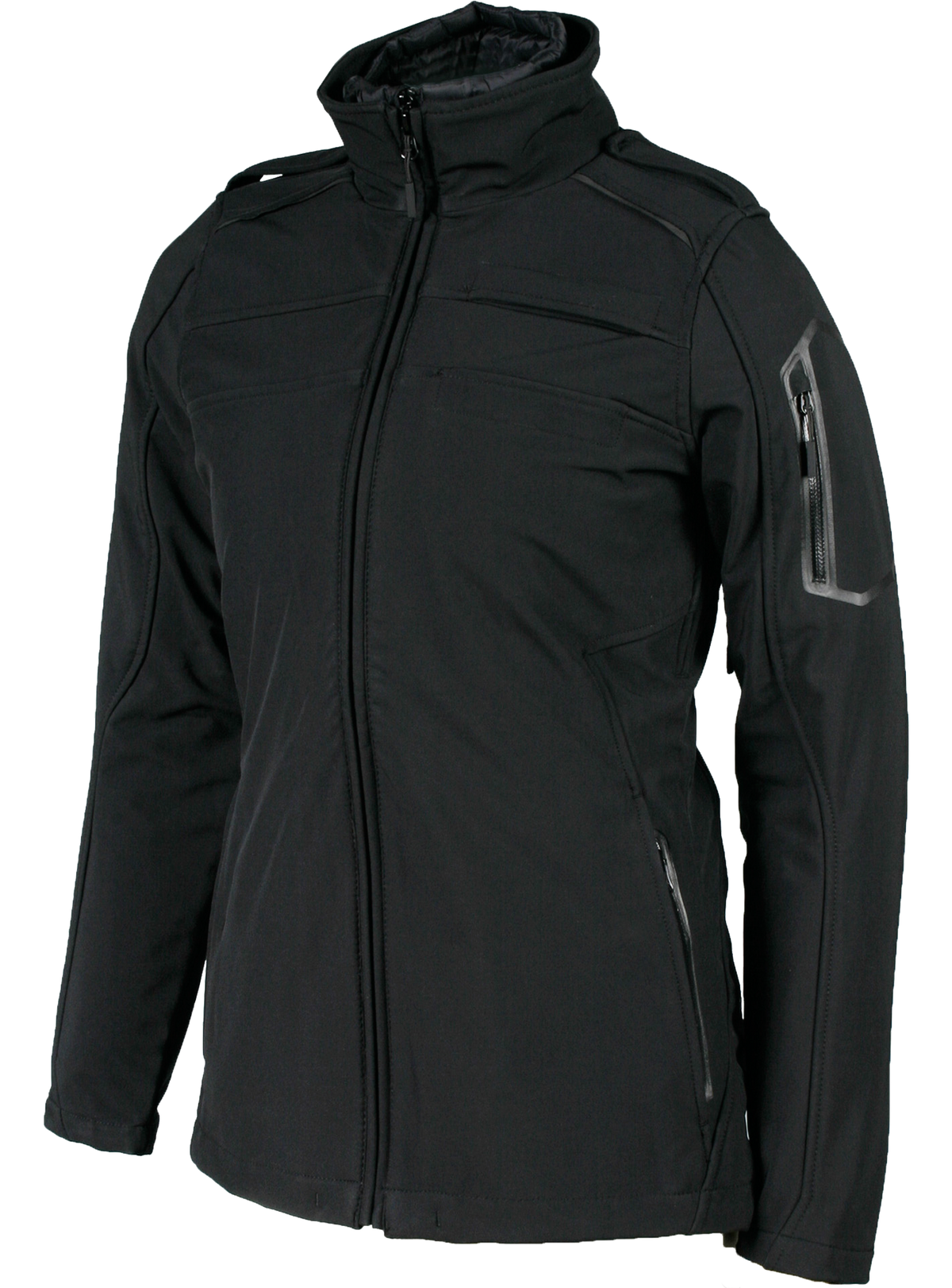 A black Aviator II jacket for women, featuring a high collar, zippered pockets.