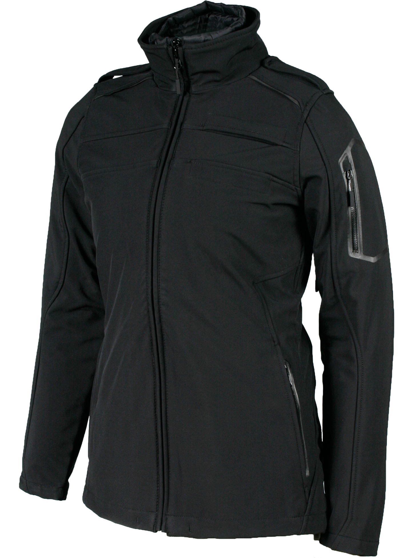A black Aviator II jacket for women, featuring a high collar, zippered pockets.