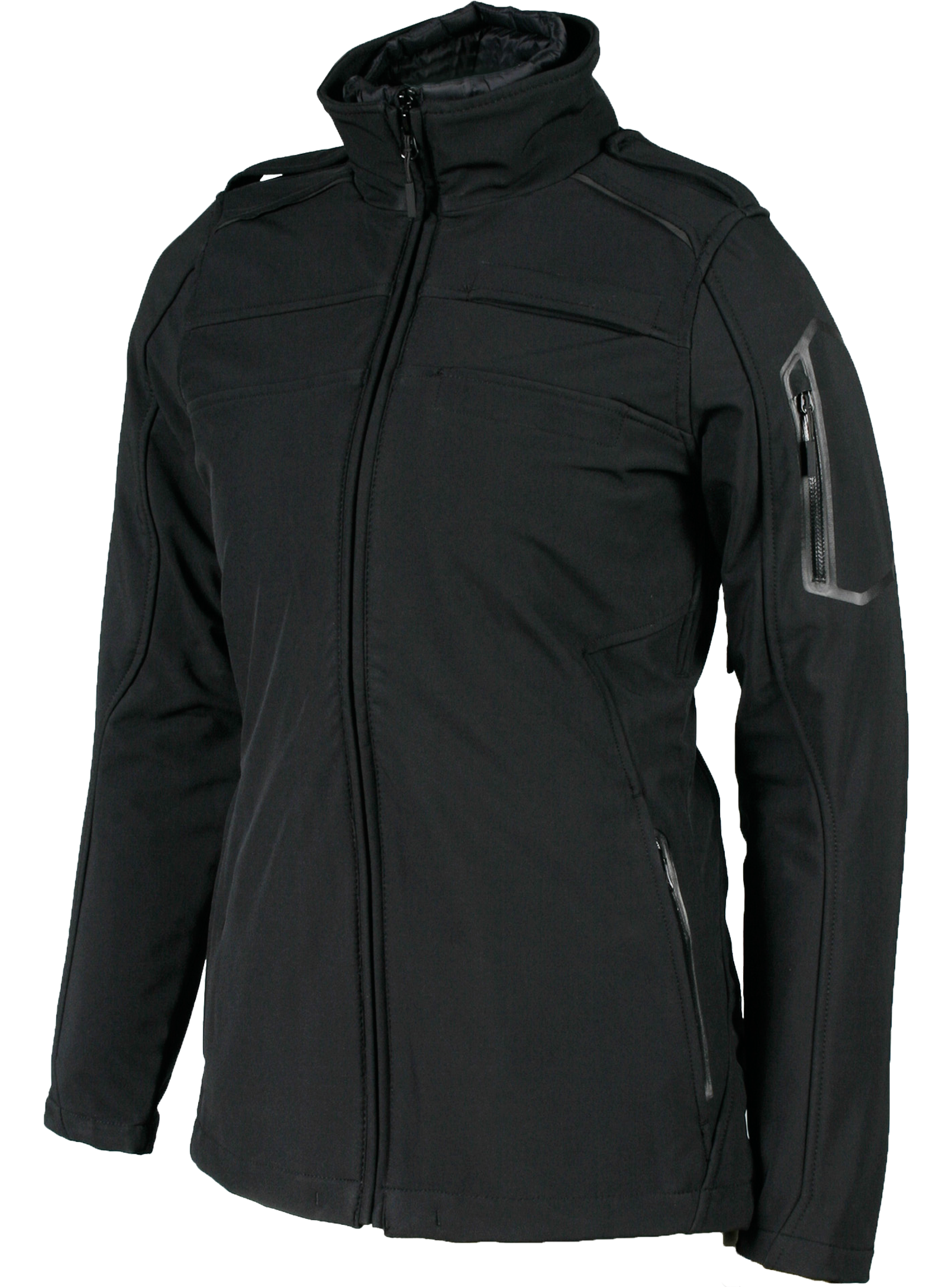 A black Aviator II jacket for women, featuring a high collar, zippered pockets.