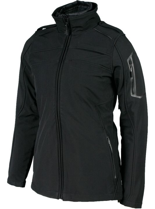 A black women's Aviator II jacket with a high collar, zippered front, and side pockets. It features a blank badge on the left chest area.
