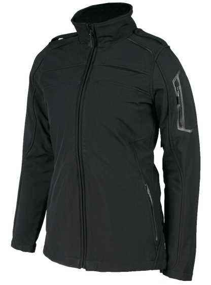 A black women's Aviator II jacket with a high collar, zippered front, and side pockets. It features a blank badge on the left chest area.
