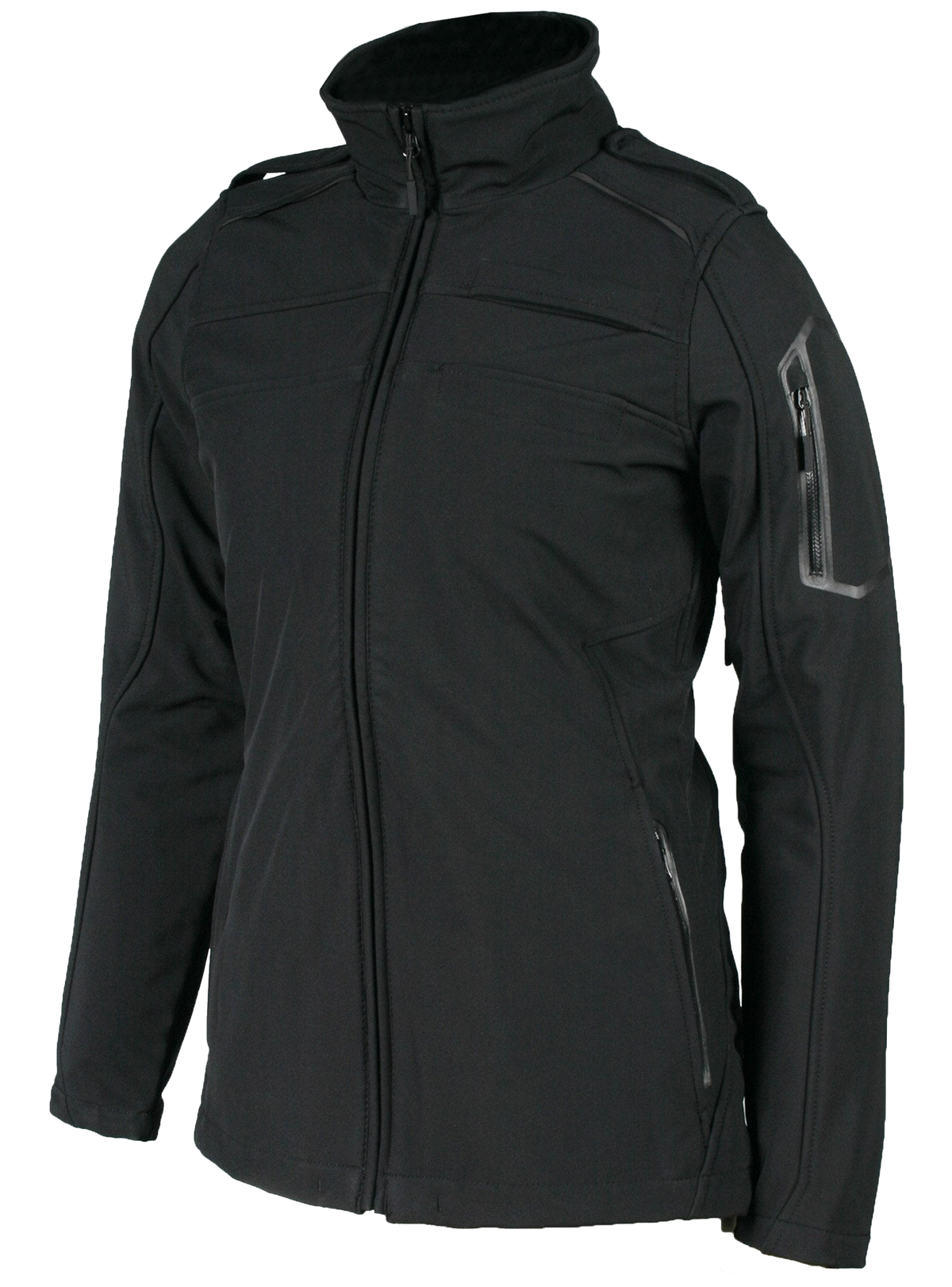A black women's aviator jacket with a high collar, zippered hand pockets, and reflective trim. The jacket is designed for performance and style, compatible with a Karbon Insulator.