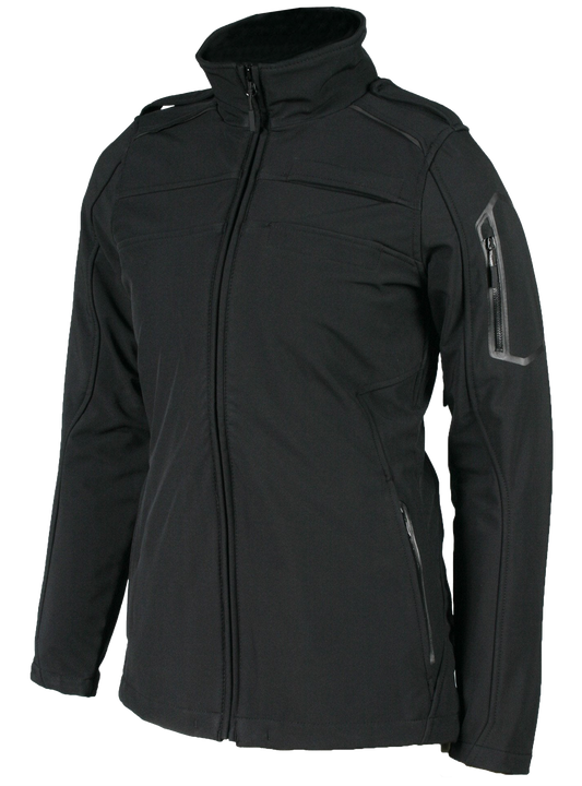 A black women's aviator jacket with a high collar, zippered hand pockets, and reflective trim. The jacket is designed for performance and style, compatible with a Karbon Insulator.
