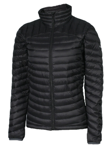 A women's black puffer featuring a front zip closure and two side zip pockets.