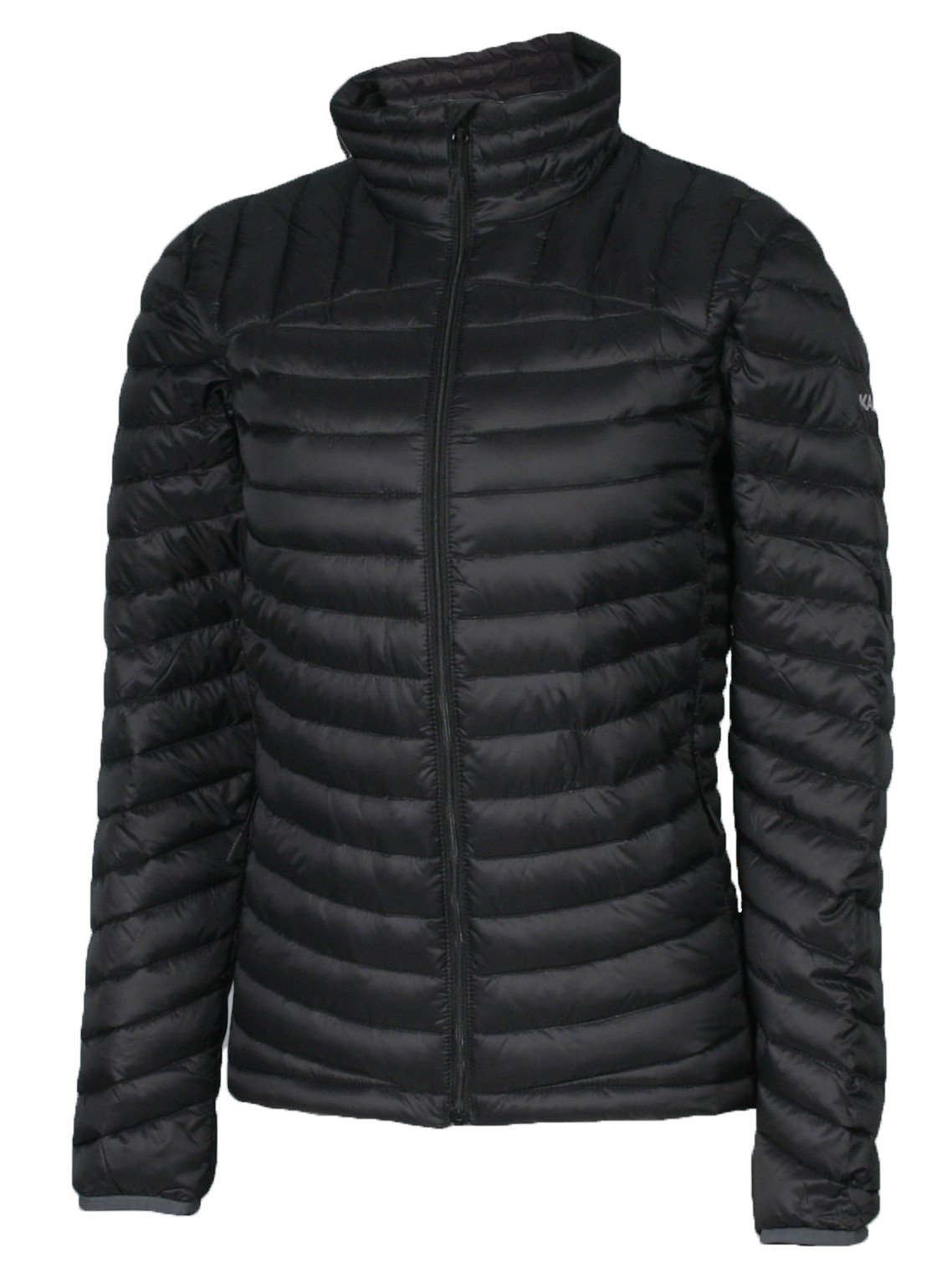 A women's black puffer featuring a front zip closure and two side zip pockets.