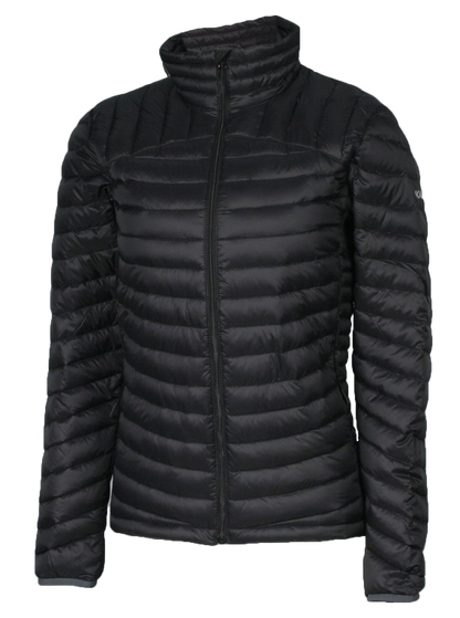 A women's black puffer featuring a front zip closure and two side zip pockets.
