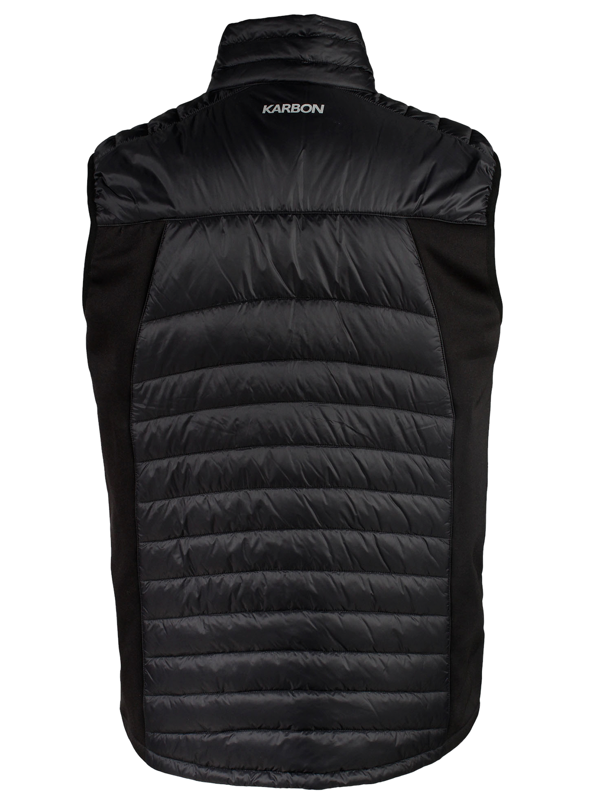 A back view of a black quilted puffer vest with side stretch panels and a visible zippered chest pocket.