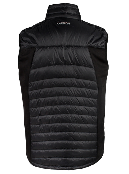 A back view of a black quilted puffer vest with side stretch panels and a visible zippered chest pocket.