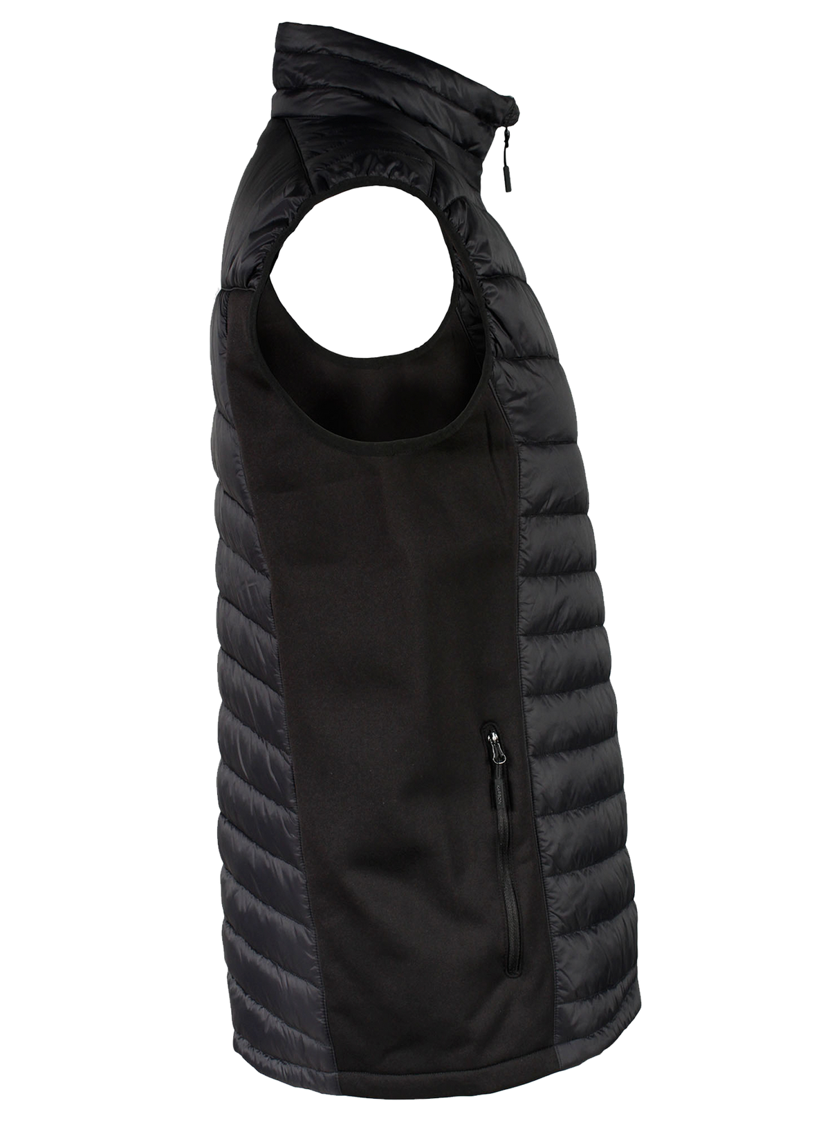 A side view of a black quilted puffer vest with side stretch panels and a visible zippered chest pocket.