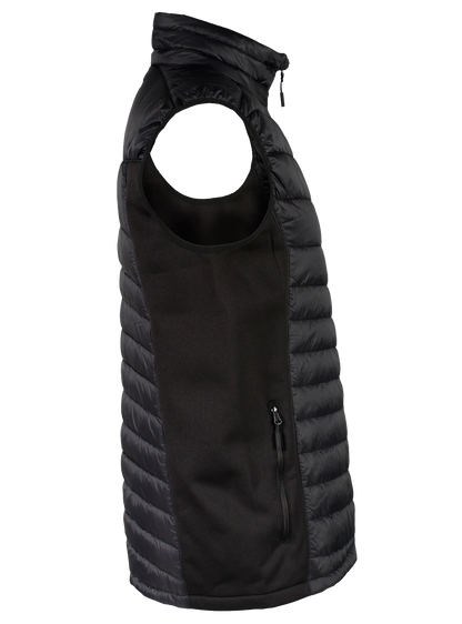 A side view of a black quilted puffer vest with side stretch panels and a visible zippered chest pocket.