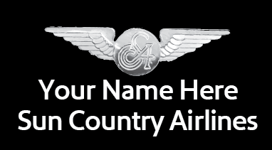 A name badge for Sun Country Airlines with a placeholder for 'YOUR NAME HERE' and the airline's logo featuring wings.
