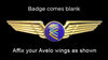 A gold-colored badge with a blue center and the Avelo logo, designed to be affixed to an Aviator jacket.

