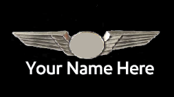 A badge featuring an airplane design with a placeholder for a custom name, and text indicating 'Your Name Here'.
