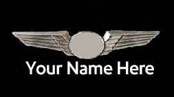 A badge featuring an airplane design with a placeholder for a custom name, and text indicating 'Your Name Here'.


