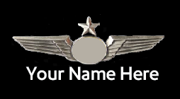 A badge featuring an airplane design with a placeholder for a custom name, and text indicating 'Your Name Here'.
