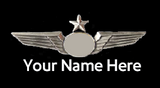 A badge featuring an airplane design with a placeholder for a custom name, and text indicating 'Your Name Here'.

