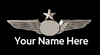 A badge featuring an airplane design with a placeholder for a custom name, and text indicating 'Your Name Here'.

