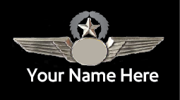 A badge featuring an airplane design with a placeholder for a custom name, and text indicating 'Your Name Here'.
