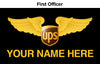A name badge for First Officer with the UPS logo and a placeholder for a name, designed for use with an Aviator jacket.