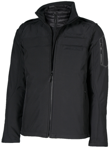 A professional aviator jacket and badge set, predominantly black in color, displayed on a mannequin. The jacket features a high collar, zippered hand pockets, and reflective trim.