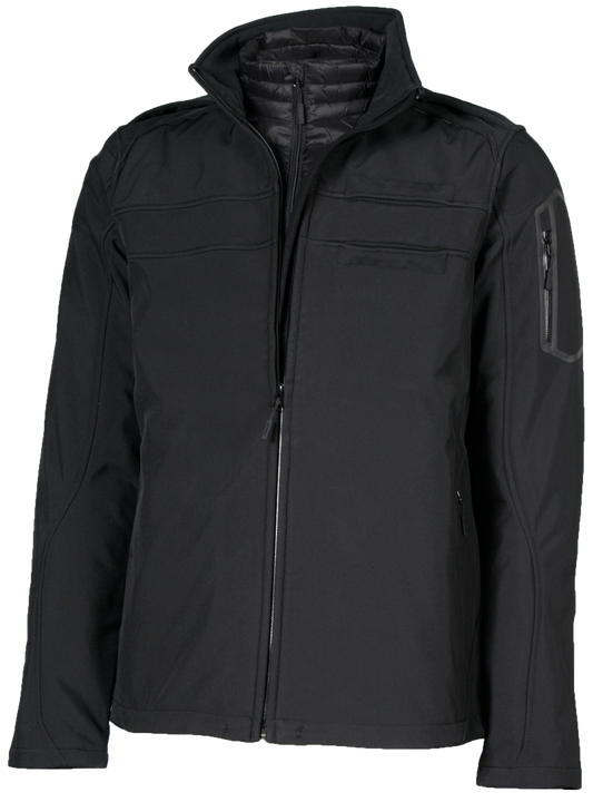 A professional aviator jacket and badge set, predominantly black in color, displayed on a mannequin. The jacket features a high collar, zippered hand pockets, and reflective trim.