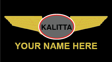 A name badge for Kalitta Airlines with a placeholder for 'YOUR NAME HERE' and the airline's logo featuring wings.
