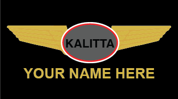Custom embroidered name badge with a placeholder text 'YOUR NAME HERE' on a golden winged background, with 'Kalitta' logo in the center.

