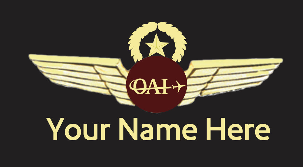A black name badge featuring the Omni Airline logo and a custom embroidered name.

