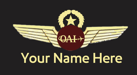 A black name badge featuring the Omni Airline logo and a custom embroidered name.


