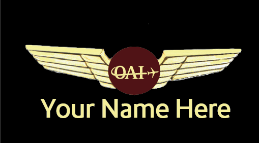 A black name badge featuring the Omni Airline logo and a custom embroidered name.

