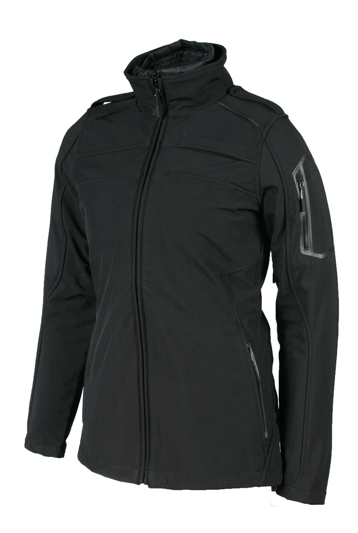 A black women's Aviator II jacket with a high collar, zippered front, and side pockets. It features a blank badge on the left chest area.
