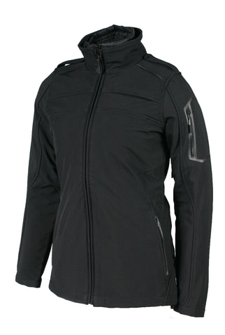 A black women's Aviator II jacket with a high collar, zippered front, and side pockets. It features a blank badge on the left chest area.
