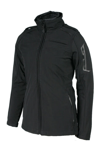 A black Aviator II jacket for women, featuring a high collar, zippered pockets.