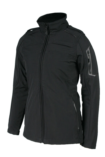 A black women's Aviator II jacket with a high collar, zippered front, and side pockets. It features a blank badge on the left chest area.
