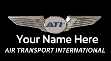 A logo of Air Transport International with a placeholder for a custom name, featuring an eagle and the text 'ATI'.
