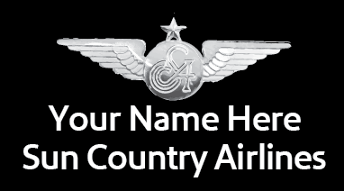 A name badge for Sun Country Airlines with a placeholder for 'YOUR NAME HERE' and the airline's logo featuring wings and a star.

