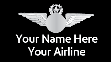 A name airline badges with a placeholder for 'YOUR NAME HERE' and the airline's logo featuring wings and a star.

