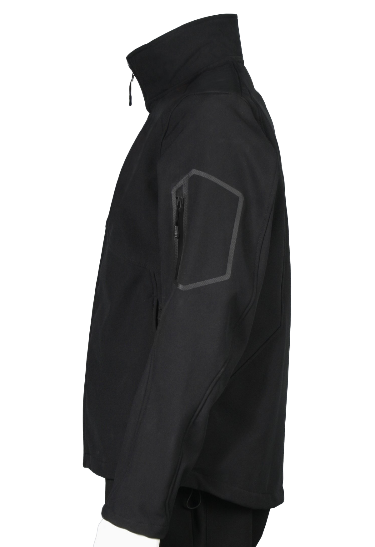 A side view of a professional aviator jacket and badge set, predominantly black in color, displayed on a mannequin. The jacket features a high collar, zippered hand pockets, and reflective trim.