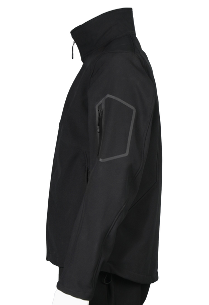 A side view of a professional aviator jacket and badge set, predominantly black in color, displayed on a mannequin. The jacket features a high collar, zippered hand pockets, and reflective trim.